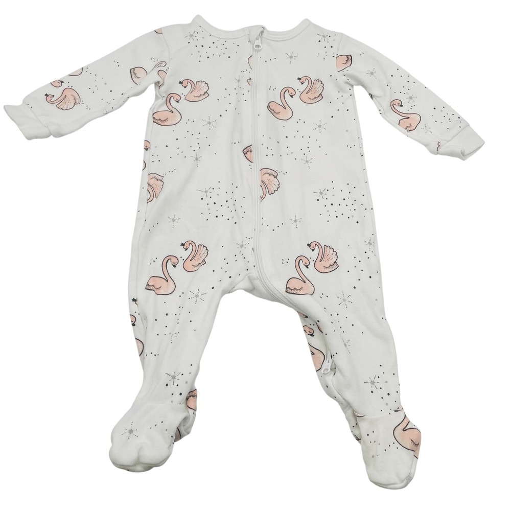 Petit Lem Baby Girl Swan Print Footed Sleeper Pajamas Pjs White Pink Cute 3M EUC